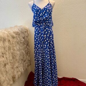 VICI Blue/White Summer Maxi Dress - Thin straps - Front tie - Size M (6)